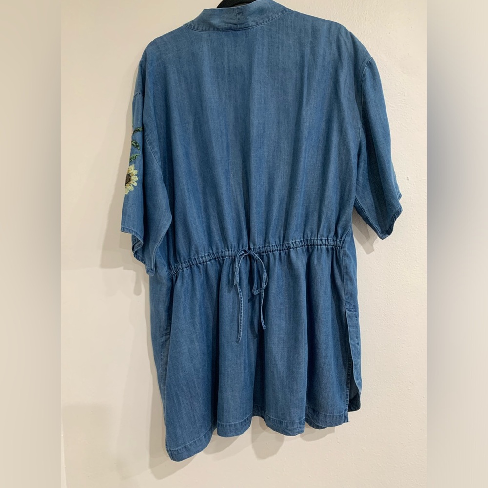 XL Chambray Floral Embroidered Open Front Cardigan Kimono Boho Spring Coastal - Picture 9 of 16